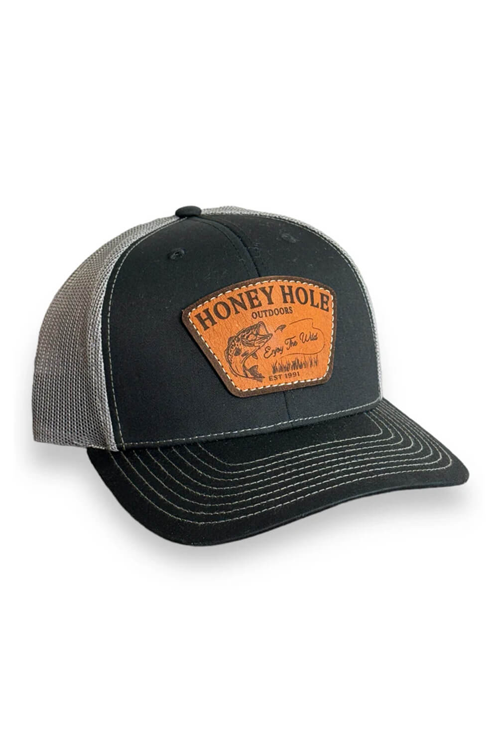 Honey Hole Outdoors Bass Bite Trucker Hat for Men in Black