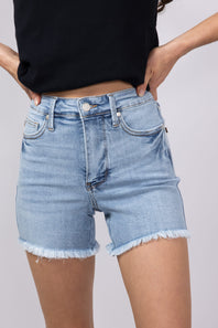 Judy Blue Mid Rise Tummy Control Raw Hem Denim Shorts for Women