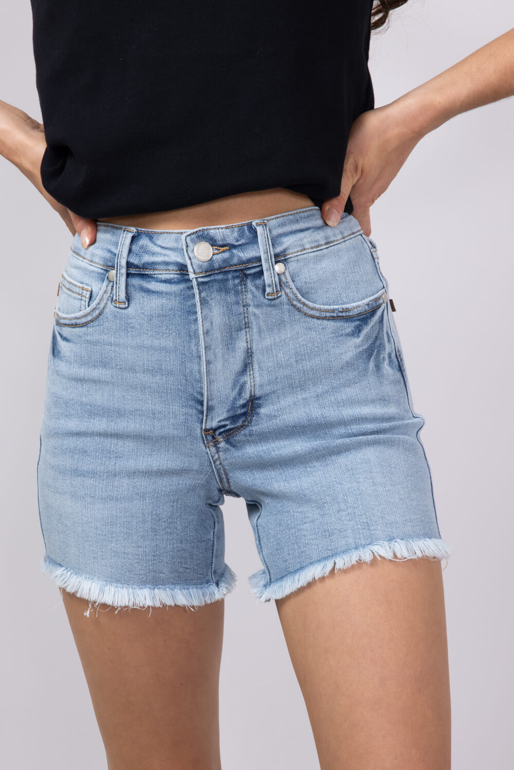 Judy Blue Mid Rise Tummy Control Raw Hem Denim Shorts for Women