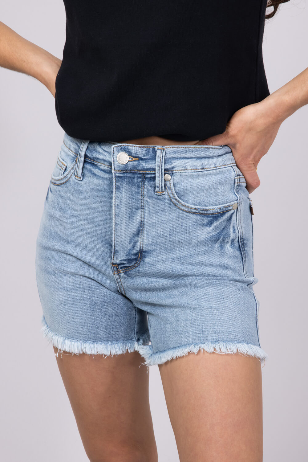 Judy Blue Mid Rise Tummy Control Raw Hem Denim Shorts for Women
