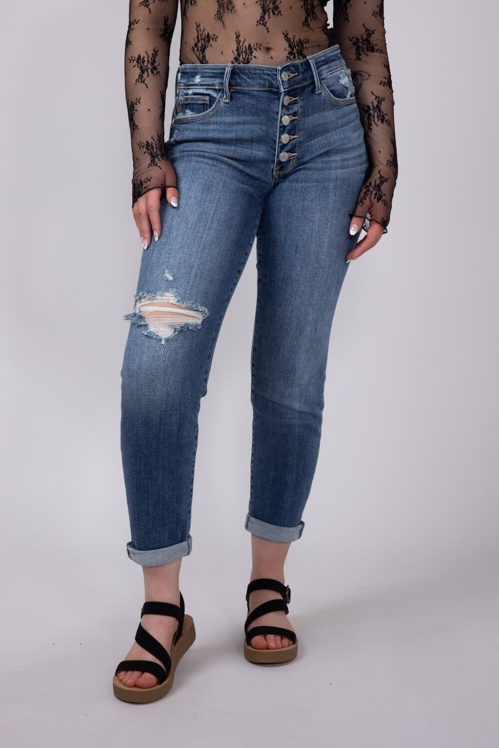 Judy Blue Mid Rise Distress Button Fly Boyfriend Jeans for Women