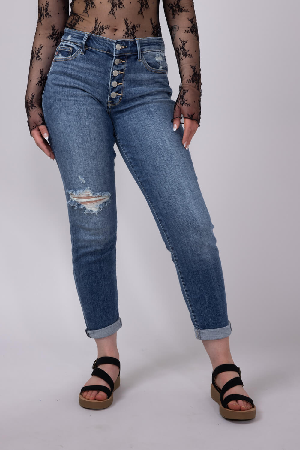 Judy Blue Mid Rise Distress Button Fly Boyfriend Jeans for Women