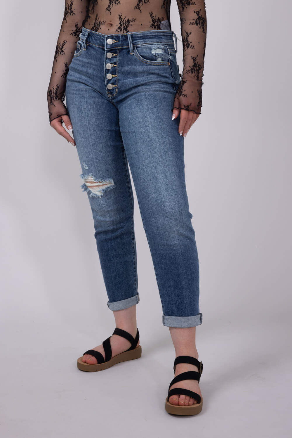 Judy Blue Mid Rise Distress Button Fly Boyfriend Jeans for Women