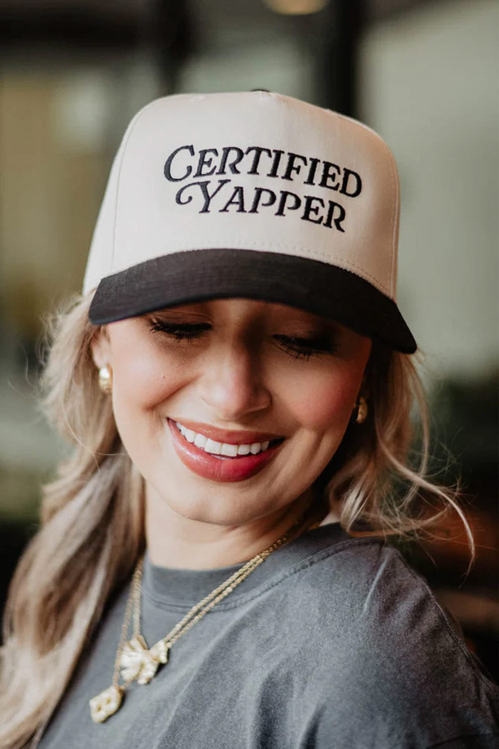 Certified Yapper Trucker Hat for Women in Black/Tan