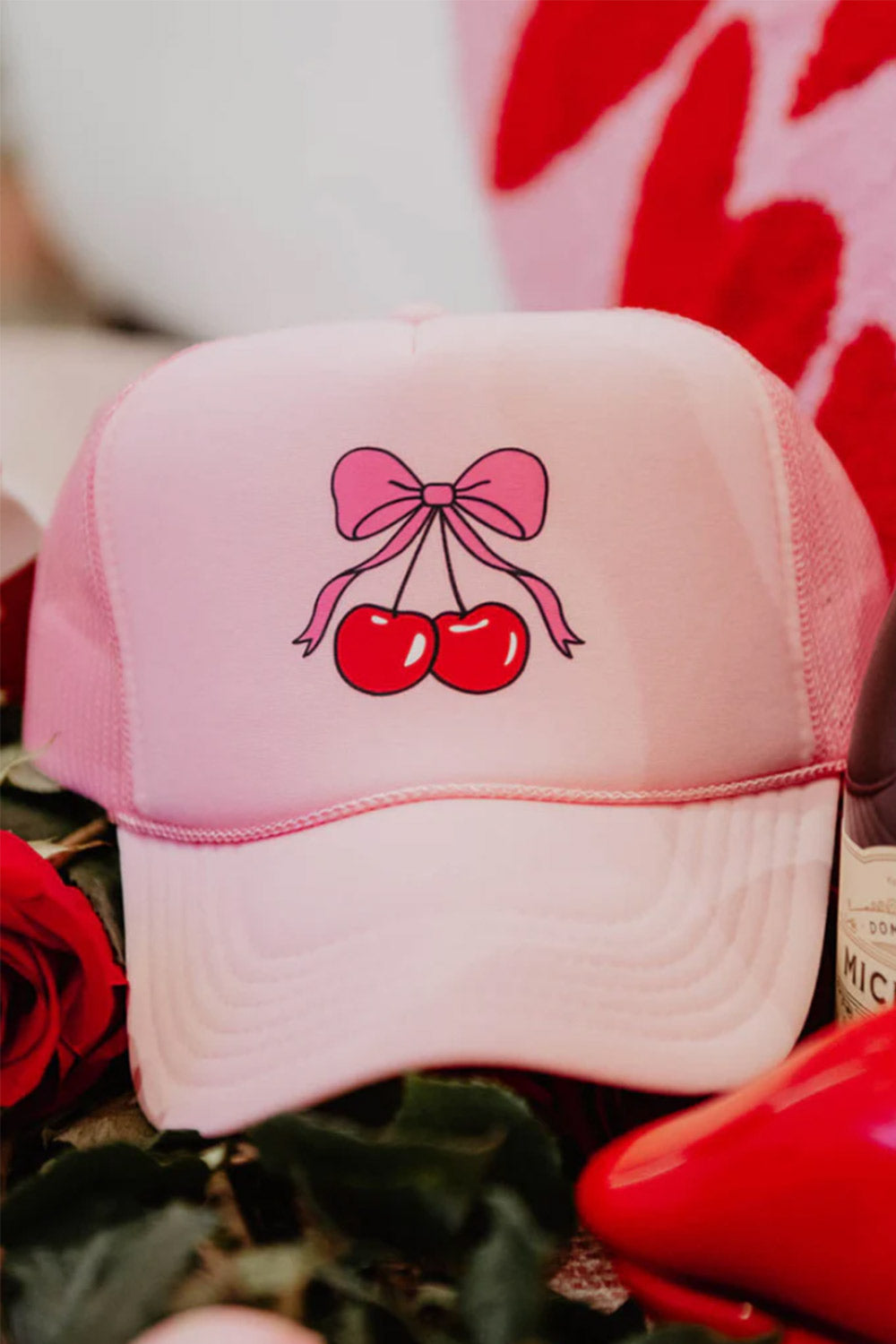 Katydid Cherry Bow Foam Trucker Hat for Women in Light Pink