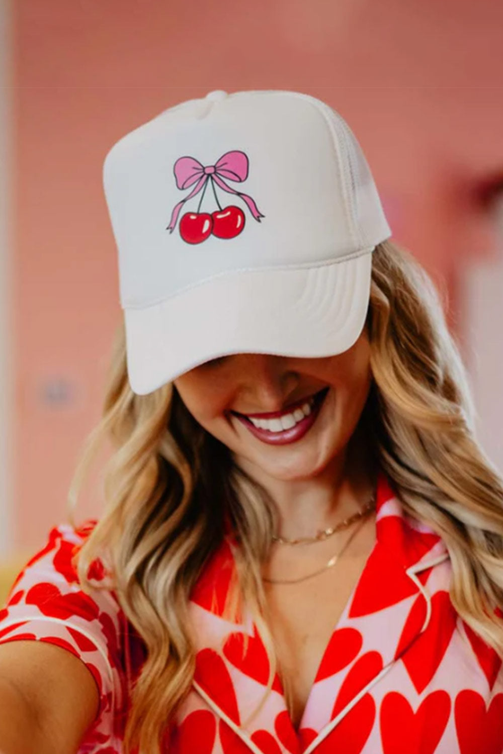 Katydid Cherry Bow Foam Trucker Hat for Women in White