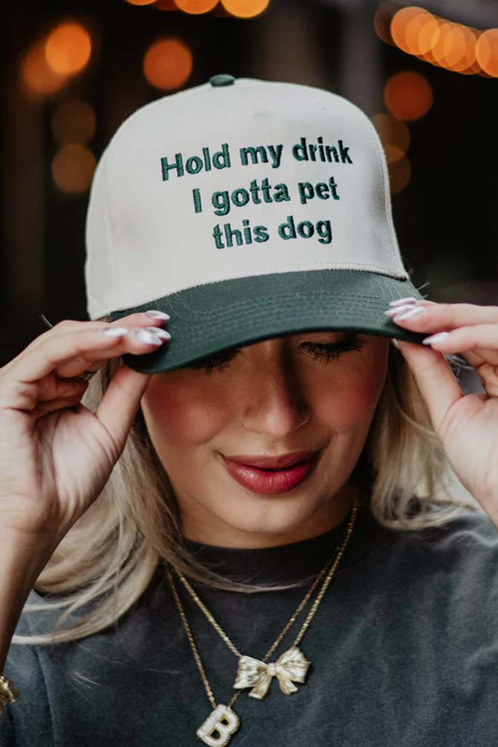 Hold My Drink Trucker Hat for Women in Dark Green/Tan