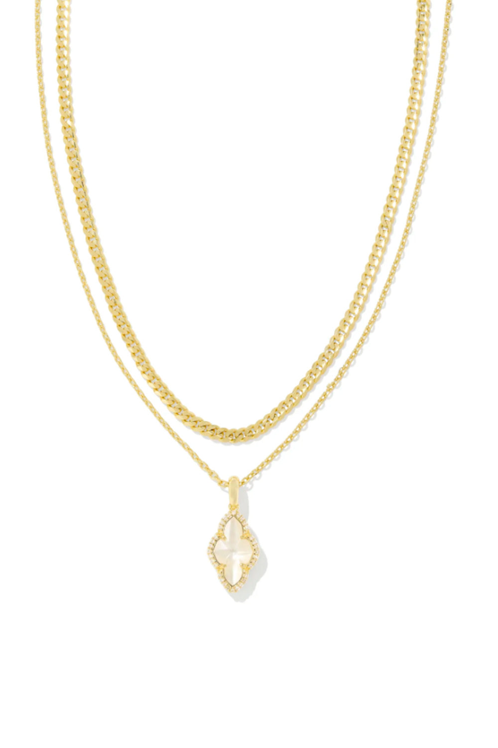 Kendra Scott Abbie Gold Pave Frame Large Long Pendant Necklace in Ivory Mother-of-Pearl