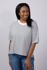 La Miel Basic Striped Drop Shoulder Top for Women in Black