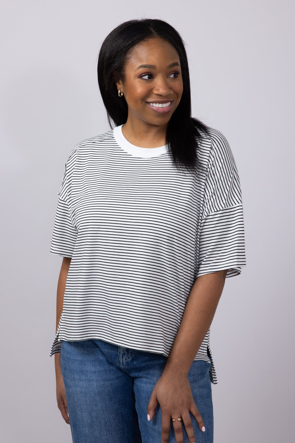 La Miel Basic Striped Drop Shoulder Top for Women in Black