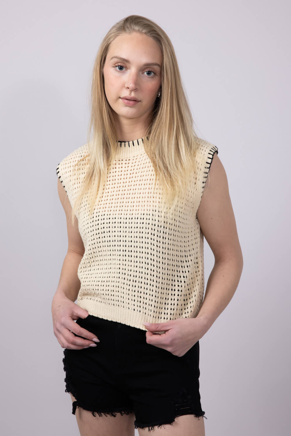 La Miel Crochet Knit Sweater Top for Women in Beige