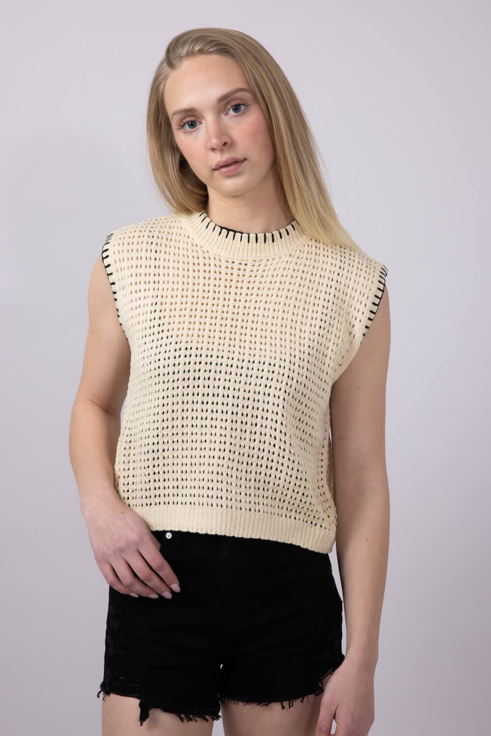 La Miel Crochet Knit Sweater Top for Women in Beige
