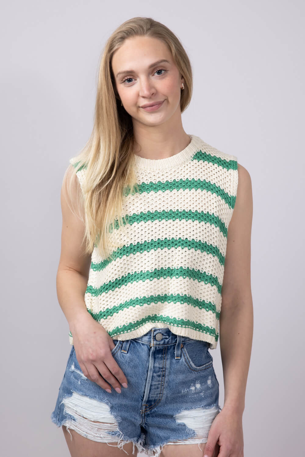 La Miel Crochet Striped Sweater for Women in Spearmint