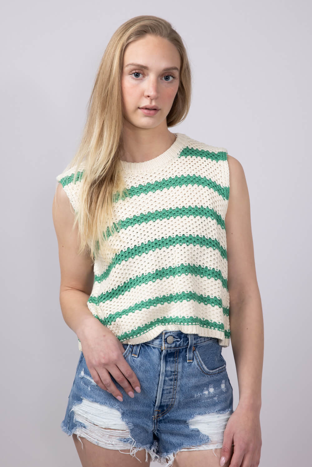 La Miel Crochet Striped Sweater for Women in Spearmint