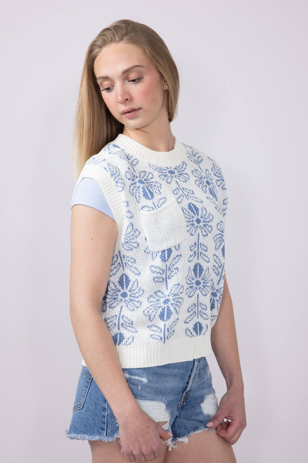 La Miel Floral Pattern Sweater Top for Women in Blue