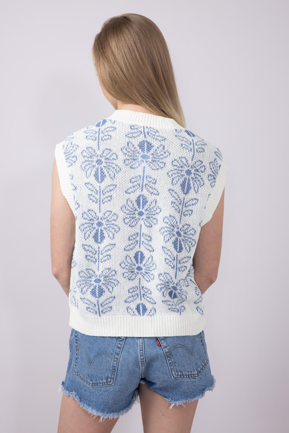 La Miel Floral Pattern Sweater Top for Women in Blue