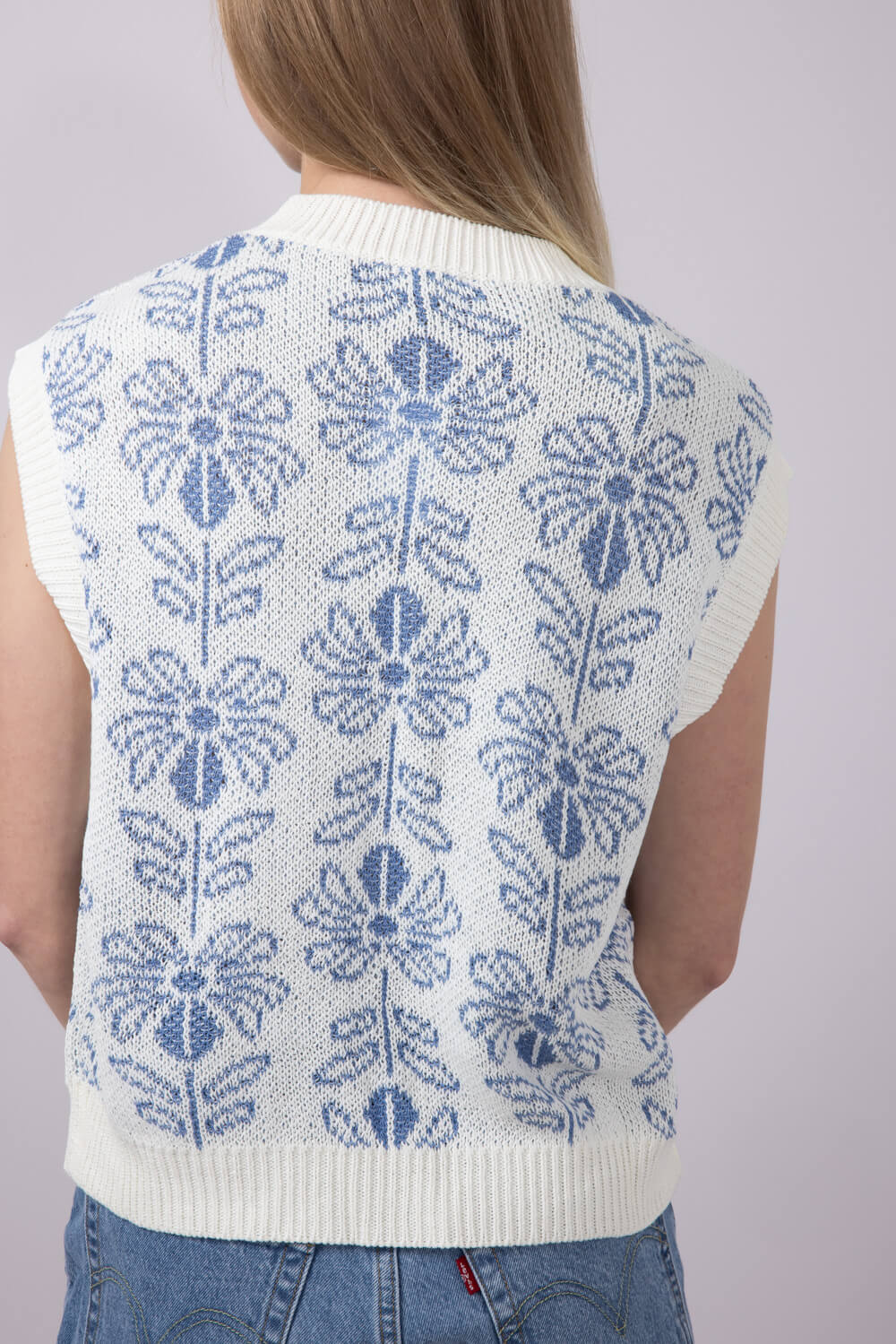 La Miel Floral Pattern Sweater Top for Women in Blue