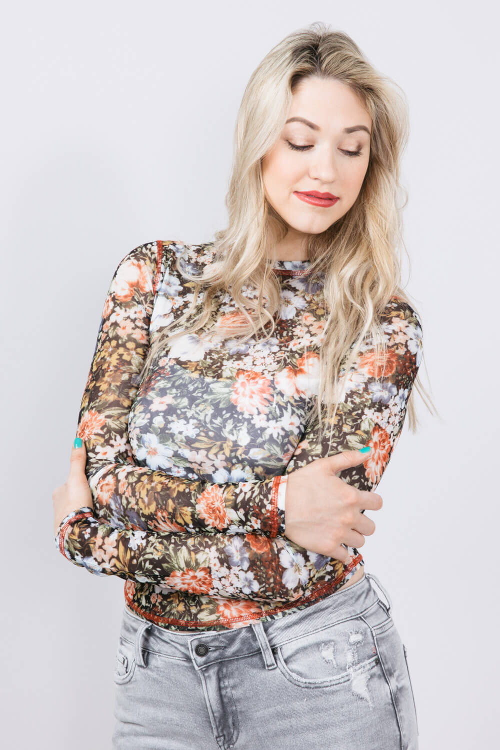 La Miel Floral Sheer Layering Top for Women in Black