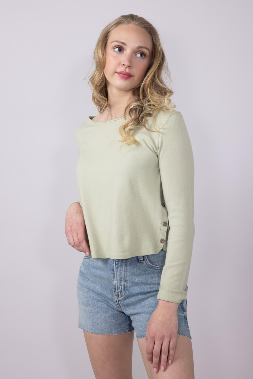 La Miel Rolled Hem Side Button Top for Women in Pistachio | MDS3601-PISTACHIO