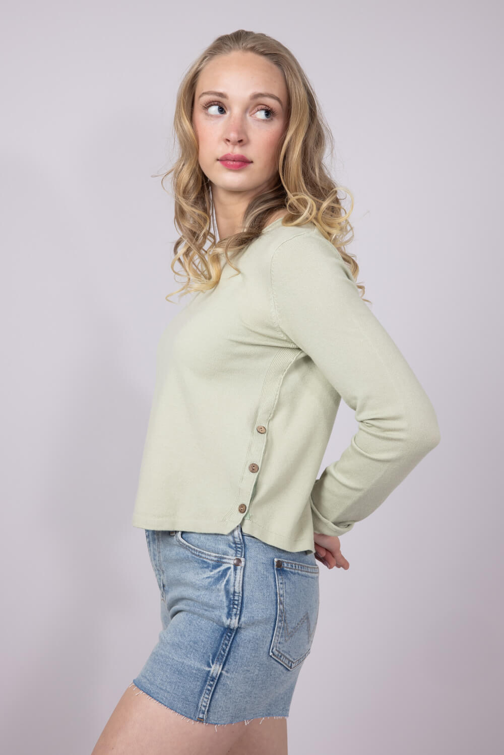 La Miel Rolled Hem Side Button Top for Women in Pistachio | MDS3601-PISTACHIO