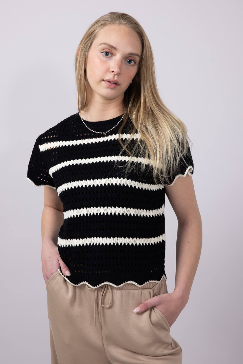 La Miel Scalloped Edge Crochet Knit Sweater Top for Women in Black/Cream 