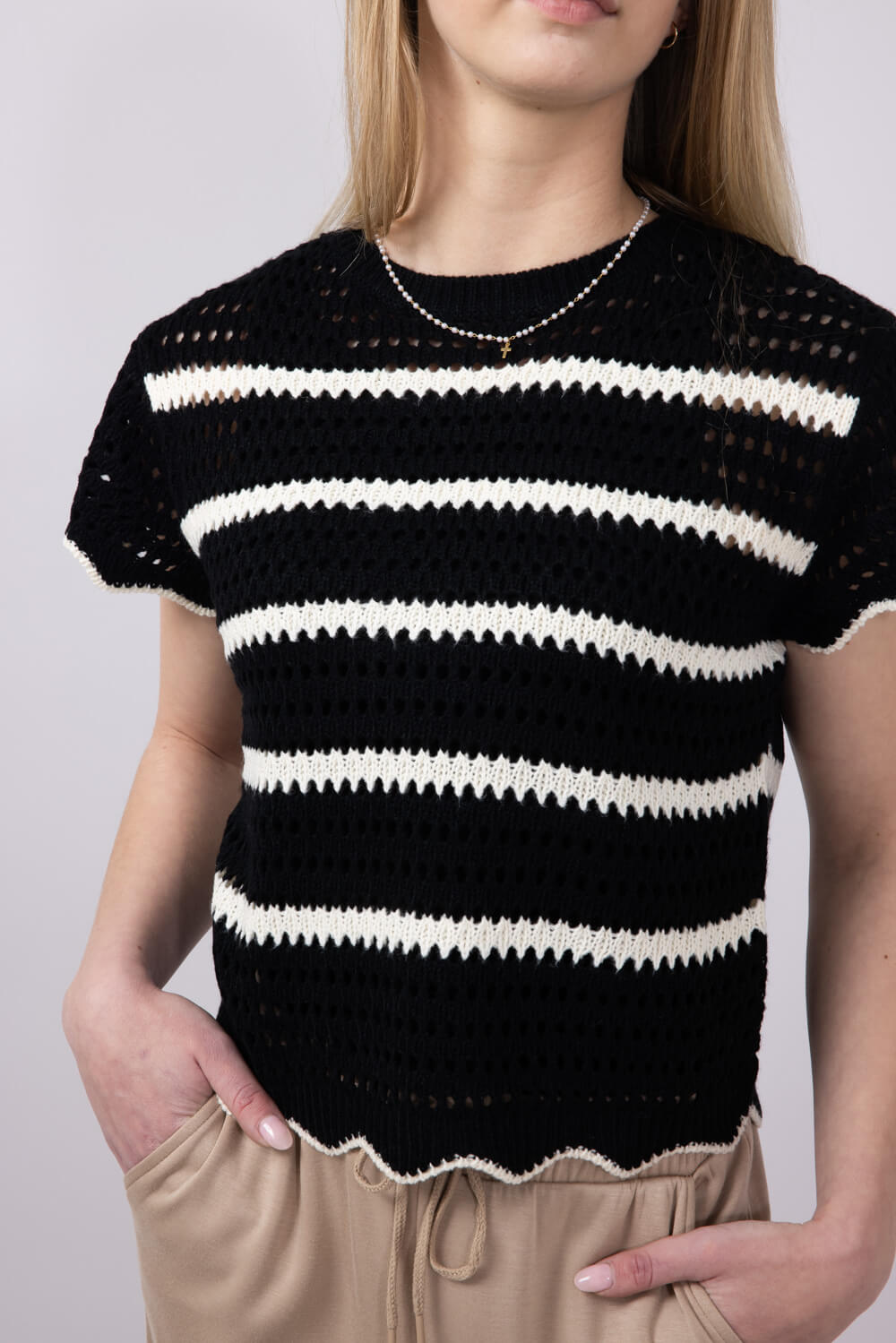 La Miel Scalloped Edge Crochet Knit Sweater Top for Women in Black/Cream 