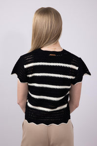 La Miel Scalloped Edge Crochet Knit Sweater Top for Women in Black/Cream 