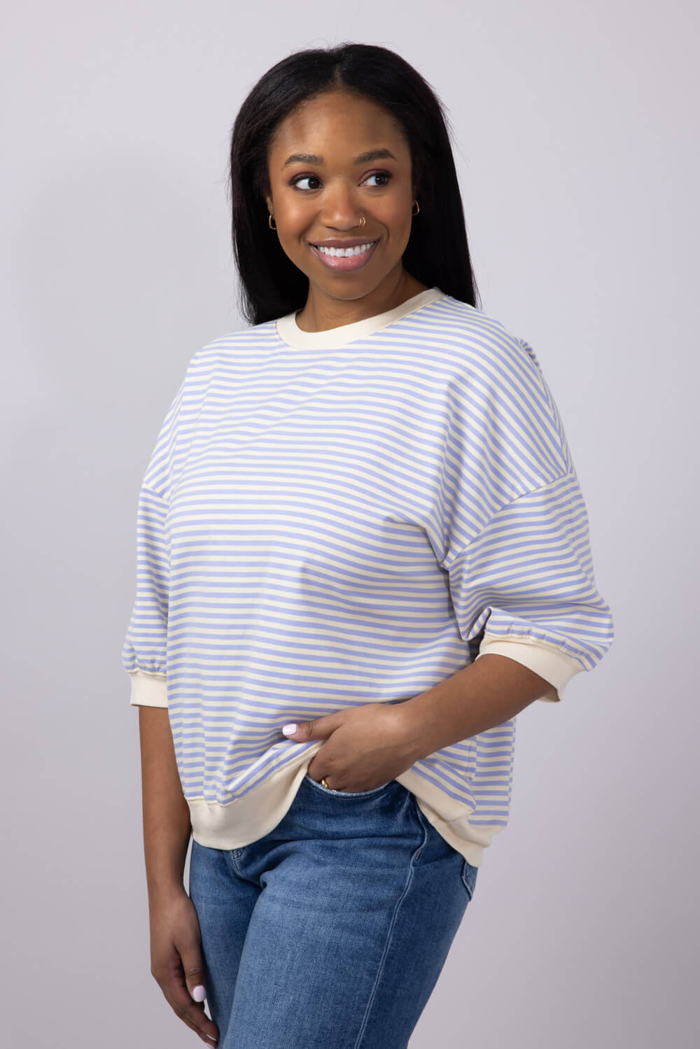La Miel Striped Banded Hem Top for Women in Lavender
