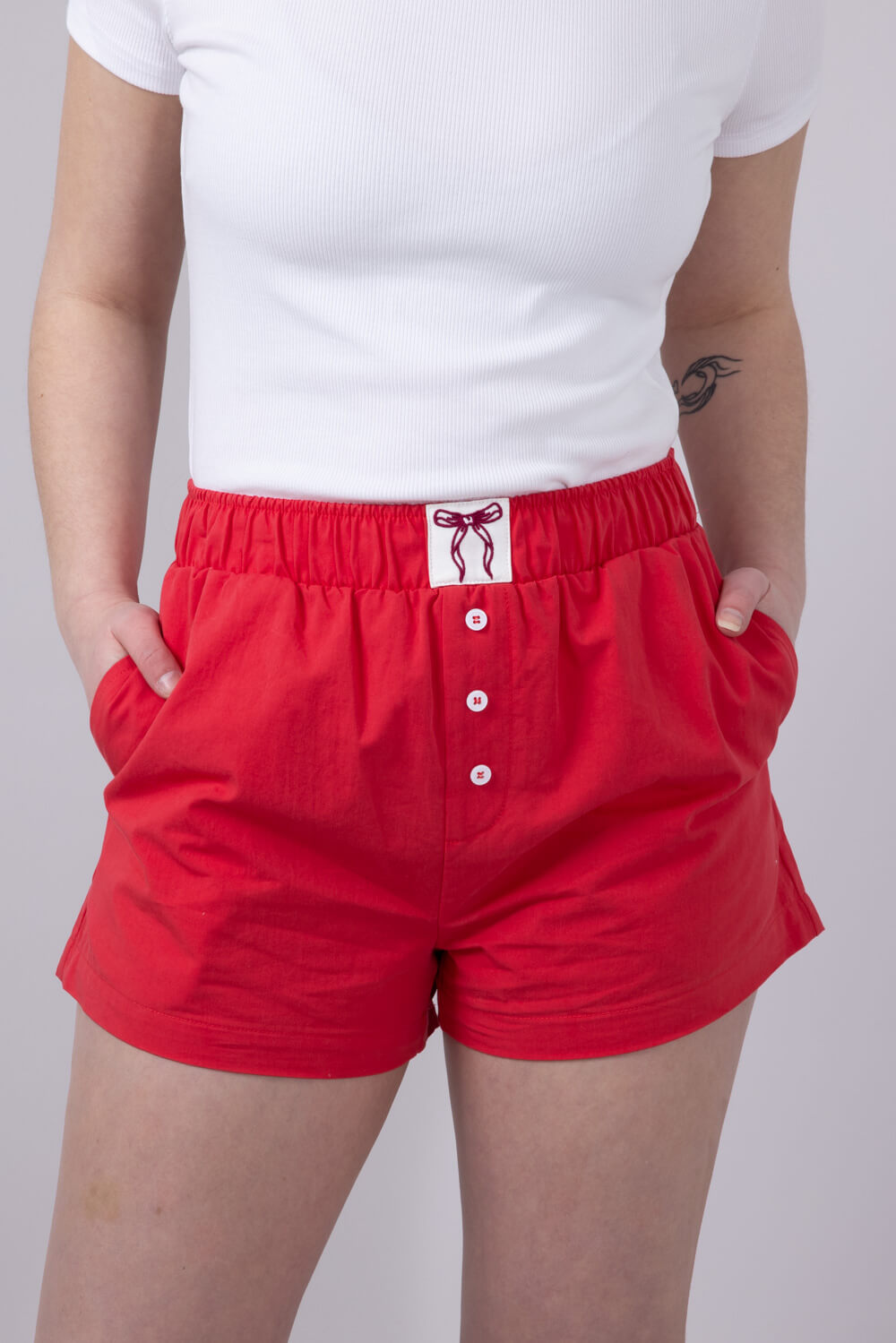 High-Rise Bow Patch Boxer Shorts for Women in Red