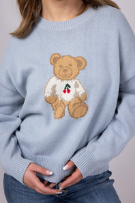 Bear Cherry Crewneck Sweater for Women in Light Blue