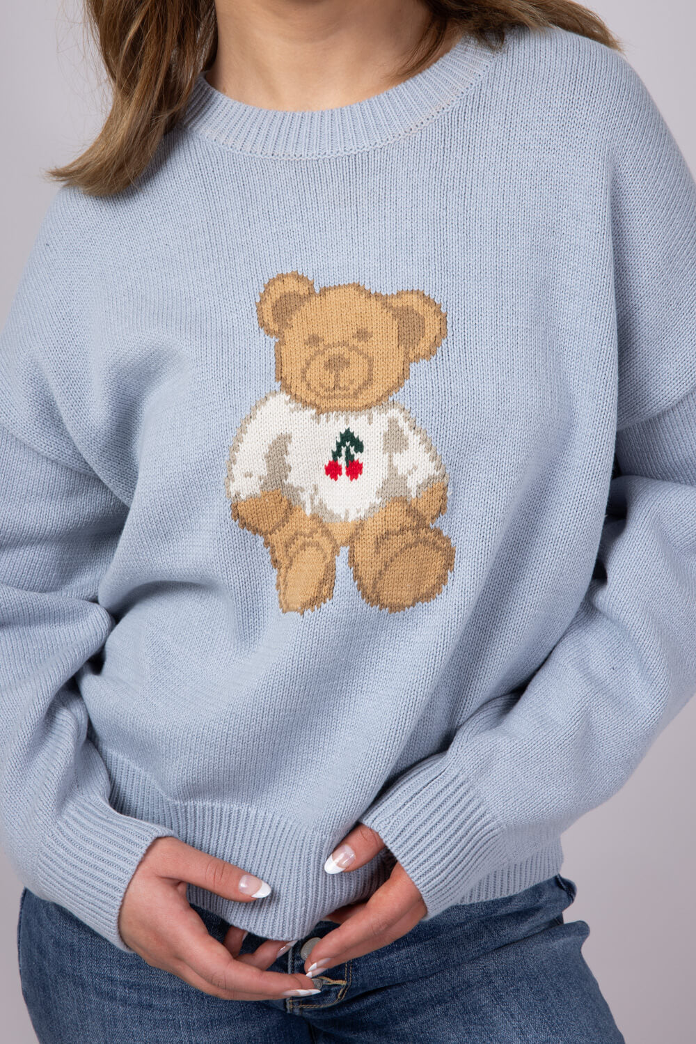 Bear Cherry Crewneck Sweater for Women in Light Blue