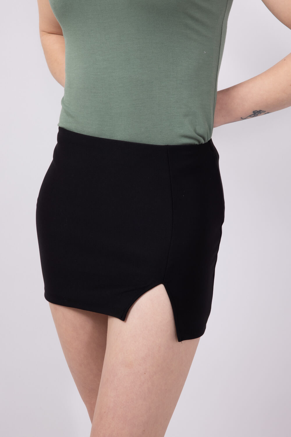 Scuba Knit Front Slit Mini Skirt for Women in Black
