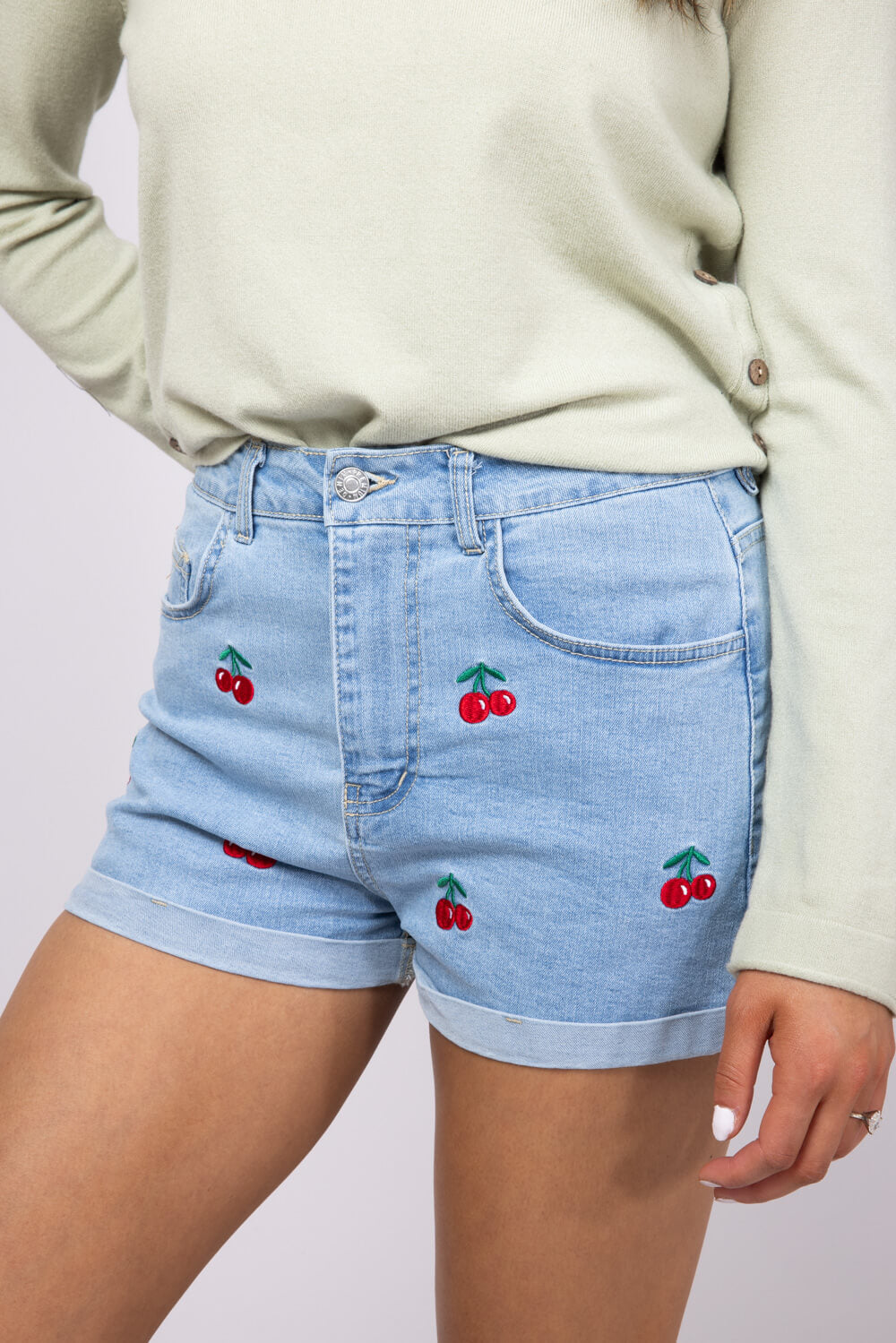 Love Tree Cherry Embroidered Denim Shorts for Women