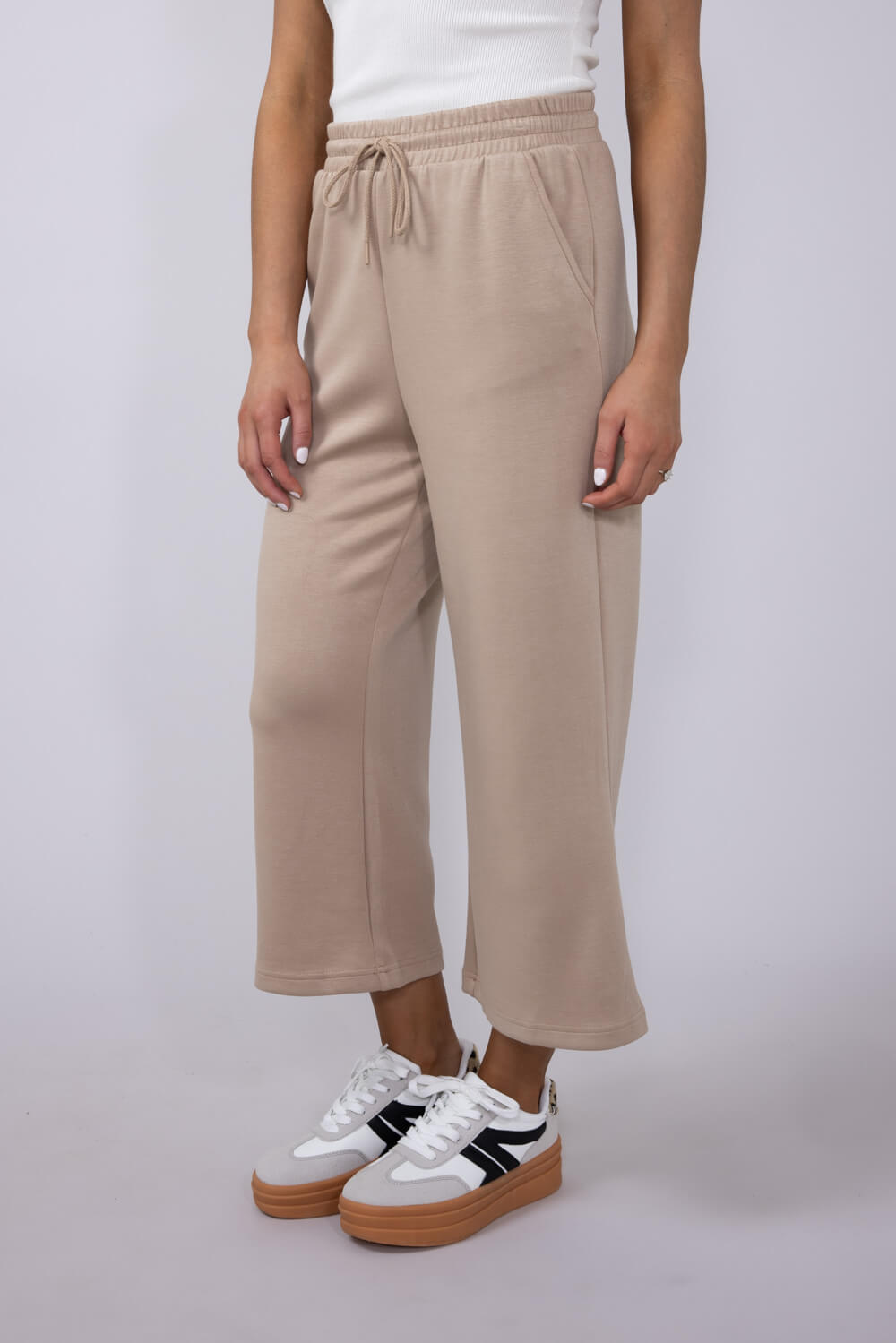 Love Tree Scuba Knit Cropped Wide Leg Lounge Pants for Women in Taupe | 6990PN-TAUPE