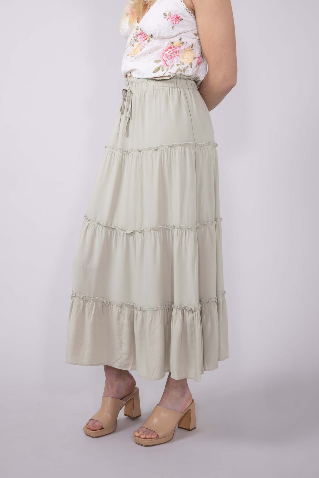 Love Tree Tiered Midi Beach Skirt for Women in Matcha