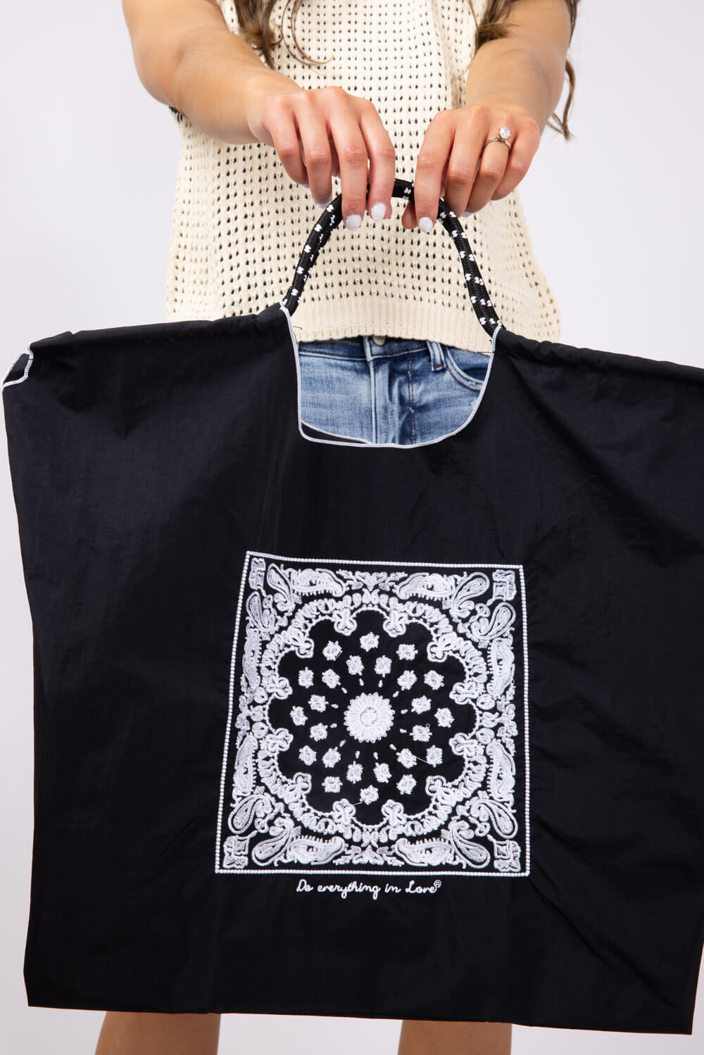 Mandala Rope Handle Bag for Women in Black