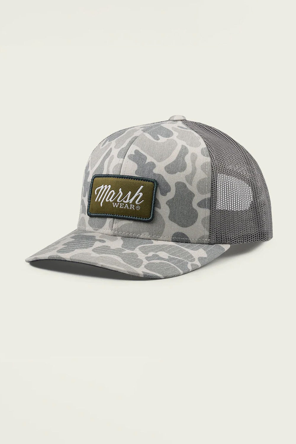 Marsh Wear Camo Script Trucker Hat for Men in Grey