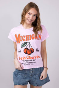 Michigan Cherry Graphic T-Shirt for Women in Pink
