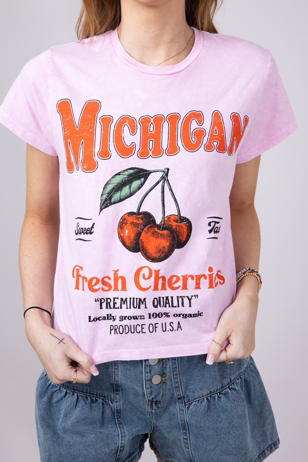 Michigan Cherry Graphic T-Shirt for Women in Pink