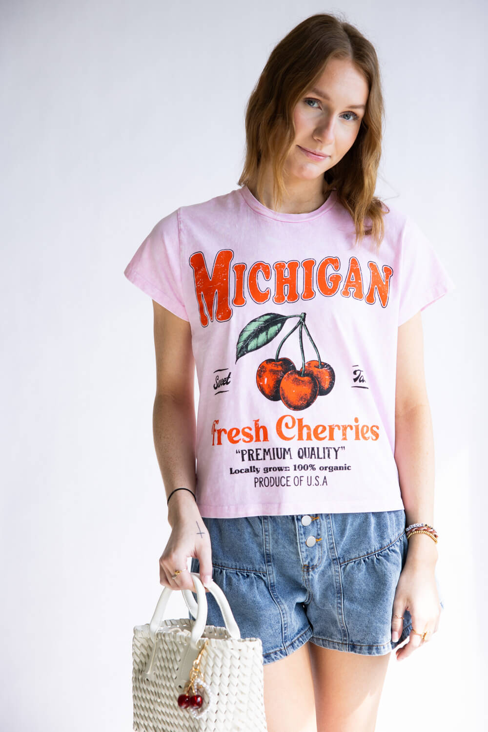 Michigan Cherry Graphic T-Shirt for Women in Pink