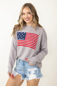 Miracle American Flag Distressed Sweater for Women in Grey