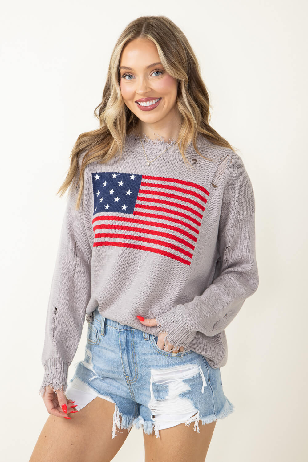Miracle American Flag Distressed Sweater for Women in Grey