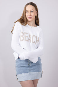 Beach Crewneck Sweater for Women in White Beige