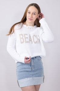 Beach Crewneck Sweater for Women in White Beige