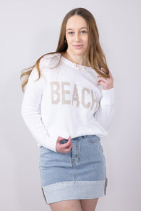 Beach Crewneck Sweater for Women in White Beige
