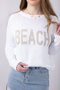 Beach Crewneck Sweater for Women in White Beige