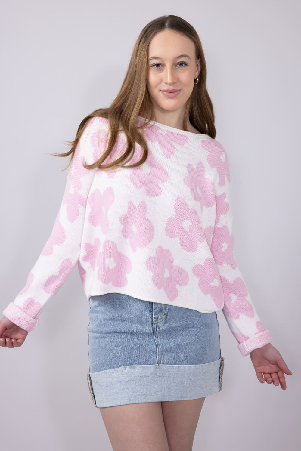 Miracle Floral Lightweight Sweater for Women in Ivory Pink