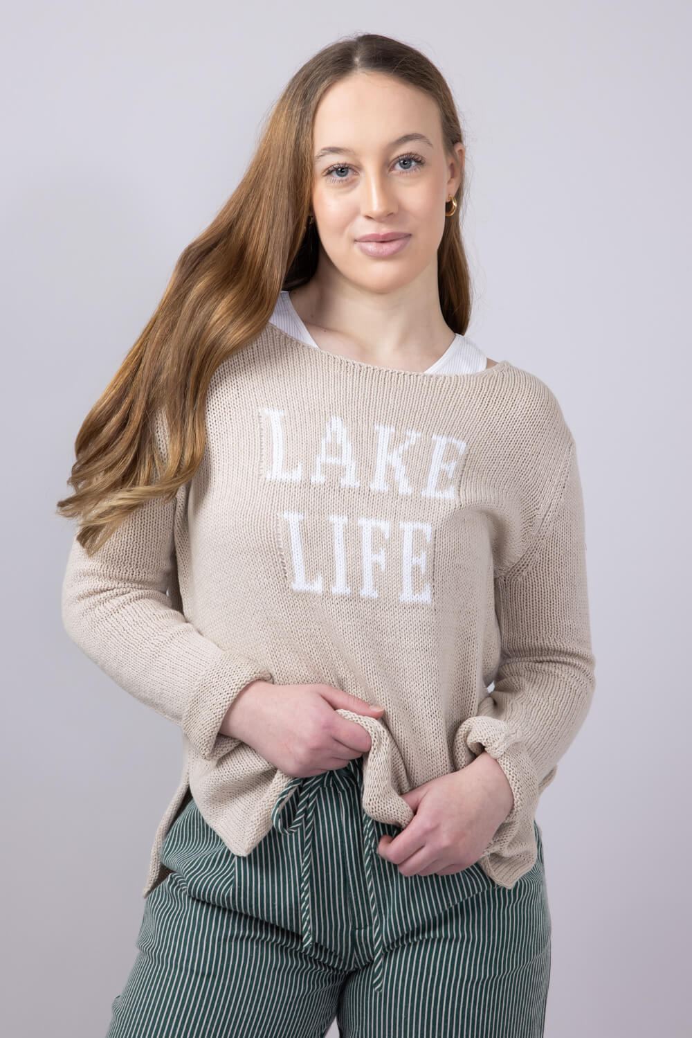 Miracle Lake Life Lightweight Sweater for Women in Khaki/Ivory