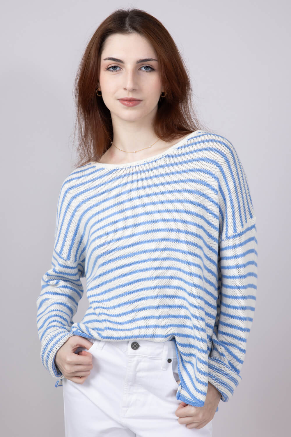 Miracle Lightweight Gauge Stripe Sweater for Women in Cream/Light Blue