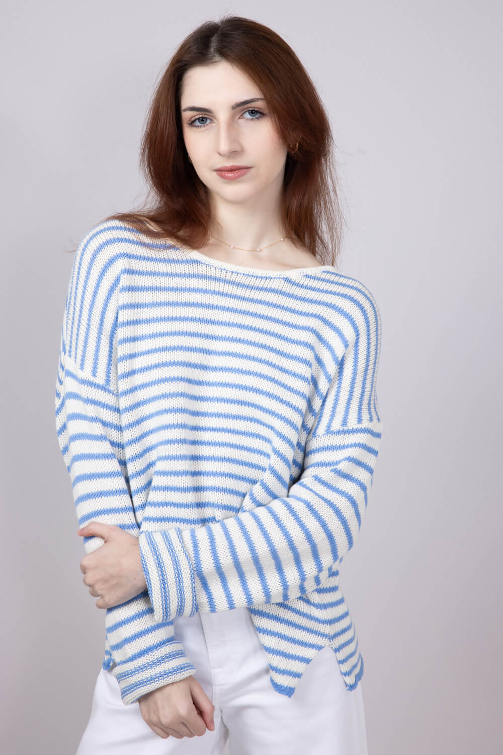 Miracle Lightweight Gauge Stripe Sweater for Women in Cream/Light Blue